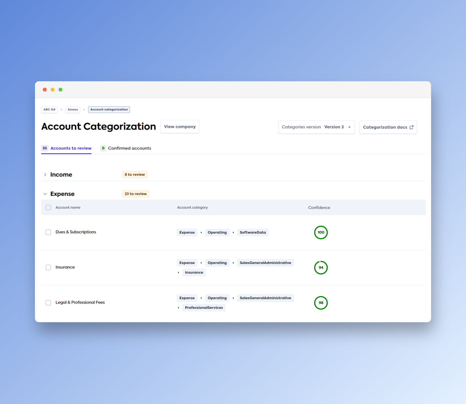 Screenshot of account categorization screen in the portal